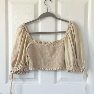 FARM Rio Smocked Balloon Sleeve Crop Top with Ties